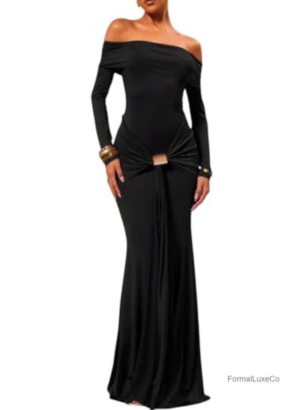 Lingt Chic Women Maxi Dress Off Shoulder Long Sleeve Formal Gown